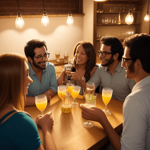AI generated: A group of happy and relaxed friends drinking pisco sour in glasses inside the house, with warm over...