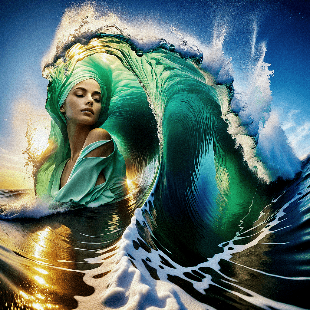 AI generated: An image of a digital art piece where a woman's profile is harmoniously blended with a powerful ocea...