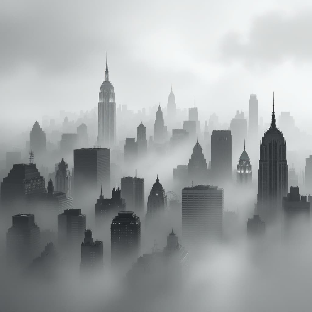 AI generated: illustration, atmospheric image of a ny cityscape enveloped in fog, the city varied architecture, in...