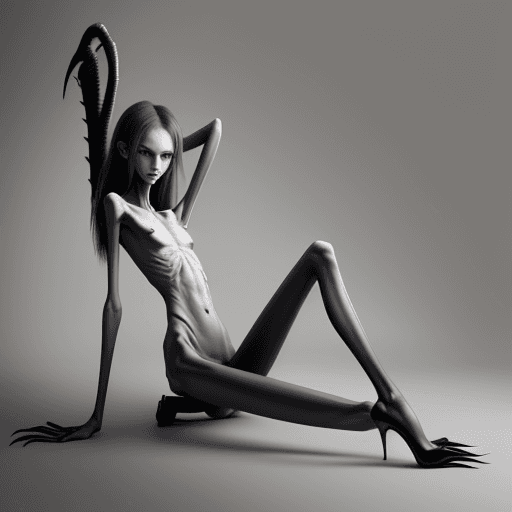 AI generated: extreme skinny slender girl, with long curved claws, skinny legs and long skinny calves in high heel...