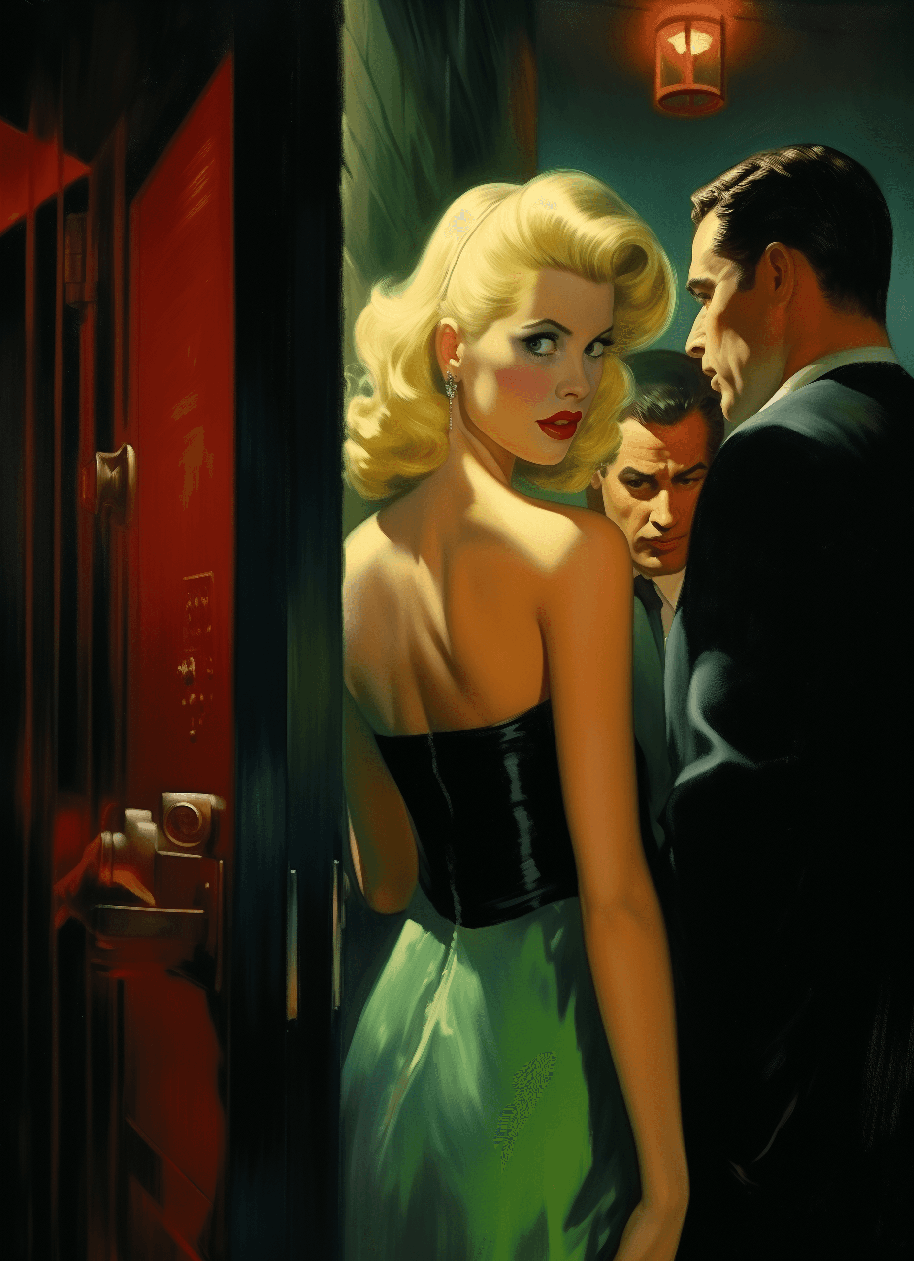 AI generated: a blonde woman in black dress and red lipstick, with her green eyed friend walking into the club ent...