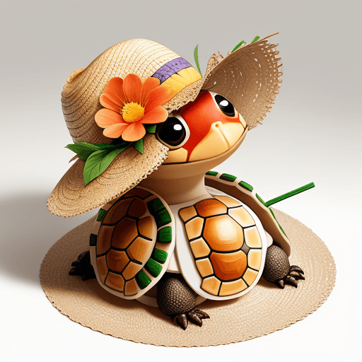 AI generated: design a cute box turtle wearing a straw hat with a flower