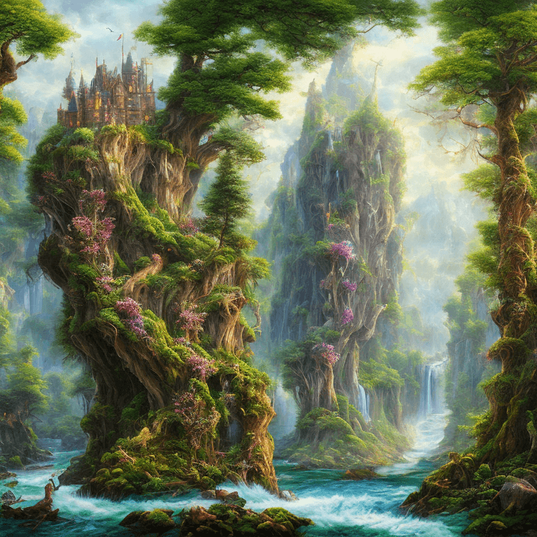 AI generated: magical fae wild forest city surrounded by cliffs and waterfalls with multicolor trees, massive tree...