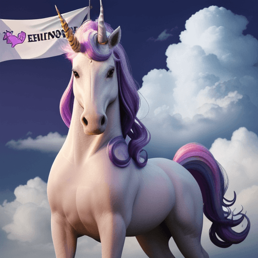 AI generated: purple background, unicorns, clouds, unicorn holding banner with "EINLADUNG" written on it, make the...
