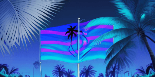 AI generated: Synthwave Tropical nation flag with a palm tree at the center, blue, black, white colors