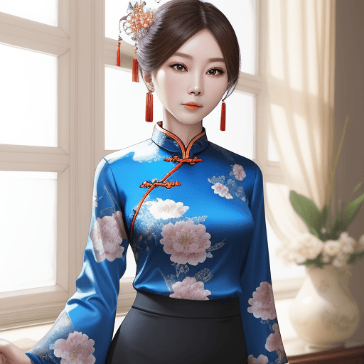 AI generated: chinese blue blouse, in the style of dreamy and romantic compositions, floral explosions --ar 24:37 ...