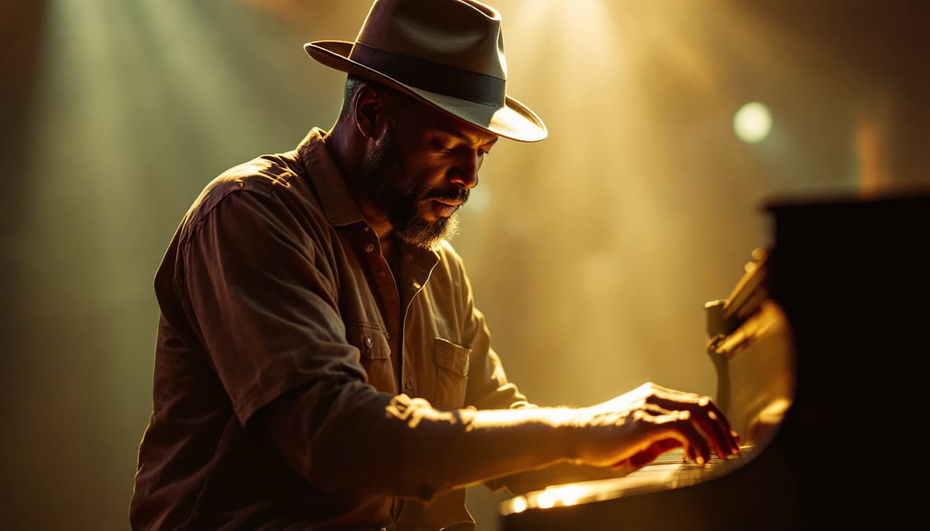 AI generated: Capture the essence of a jazz musician immersed in performance from drone.  Skillfully dancing over ...