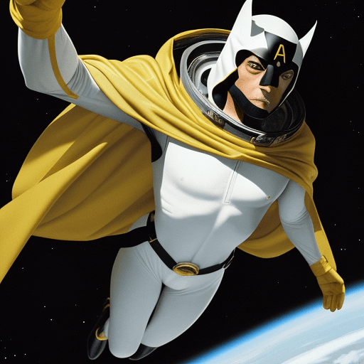 AI generated: george clooney is wearing  a white bodysuit with a wispy yellow cape, black mask connecting to his r...