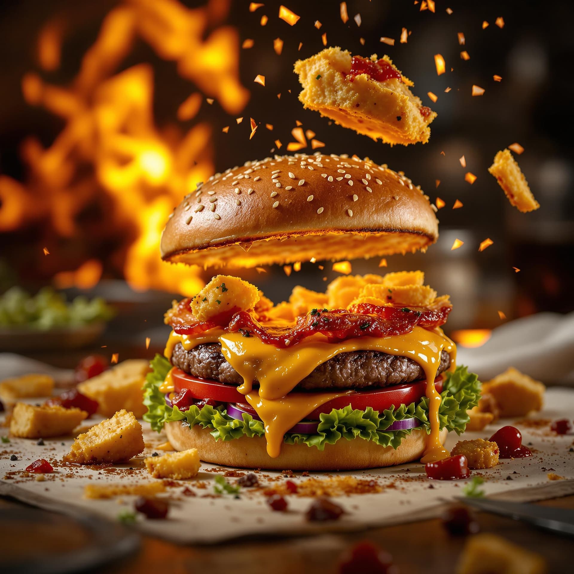AI generated: A burger falling in pieces juicy, tasty, hot, promotional photo, intricate details, hdr, cinematic, ...