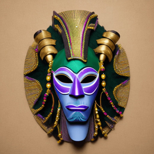 AI generated: Create a head-to-toe image of an african mask as a mardi gras character, with strong contrast, color...