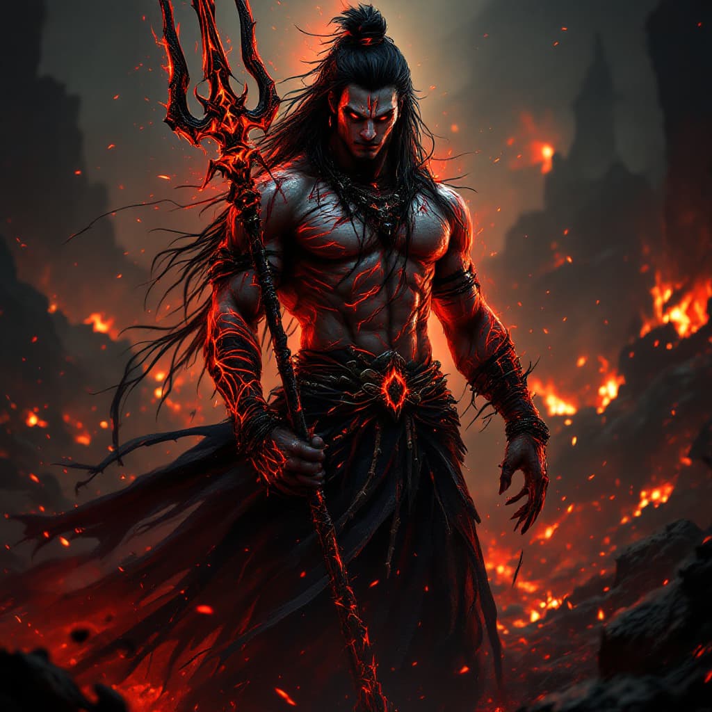 AI generated: An ultra-realistic, full-body portrait of a blood-soaked Lord Shiva Muscular Body Holding Giant mass...