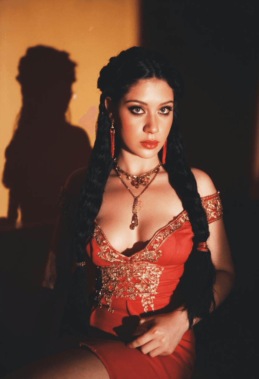 AI generated: A close-up 35mm film photograph of a woman sitting in a dimly lit room. Her black hair is styled in ...
