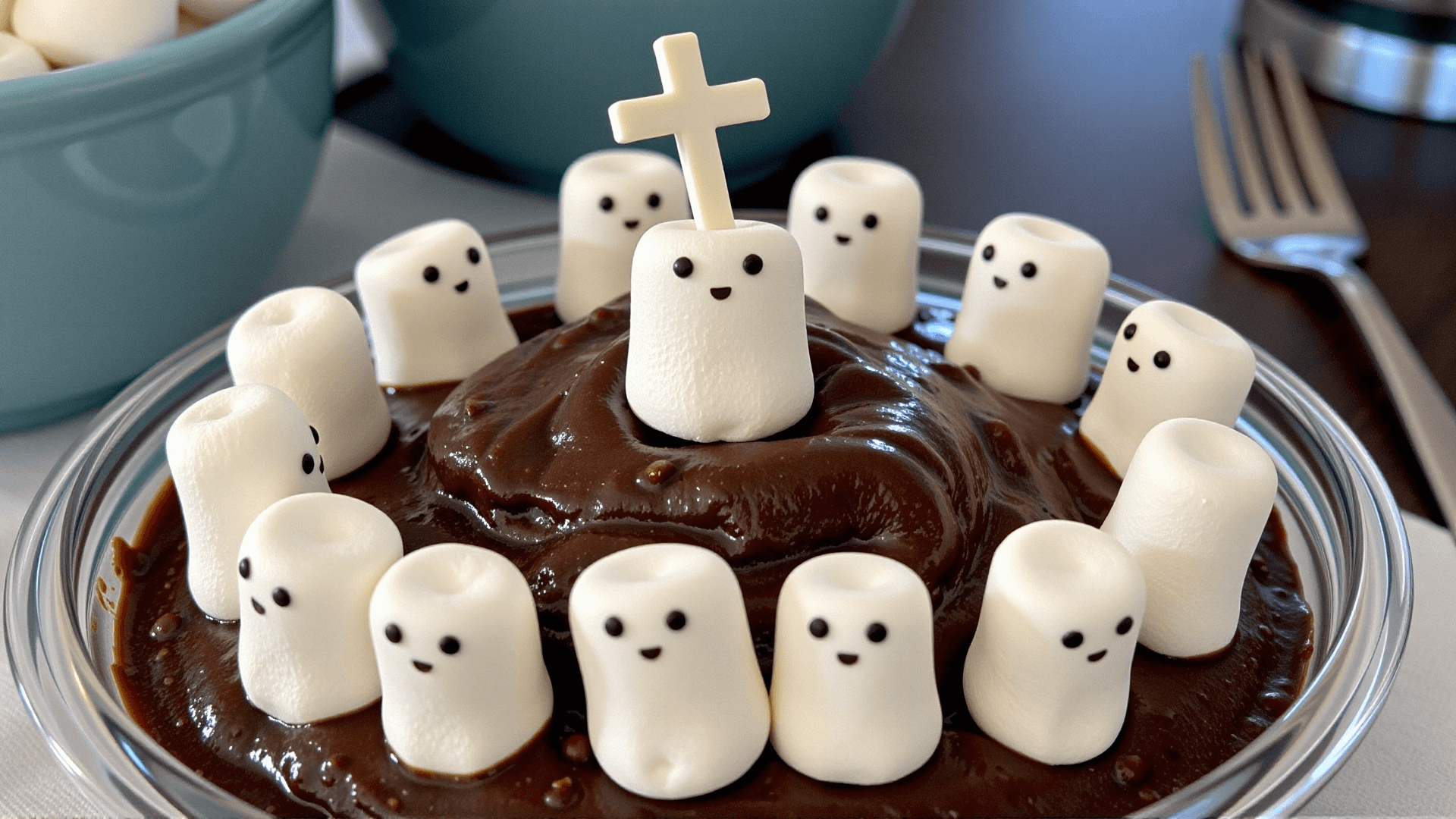 AI generated: Marshmallow Choir Pudding: A sacred-looking chocolate pudding being worshipped by a tiny choir of ad...