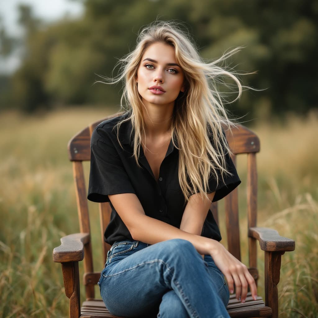 AI generated: A  female, The image features a beautiful blonde woman sitting on a wooden chair, wearing a black sh...