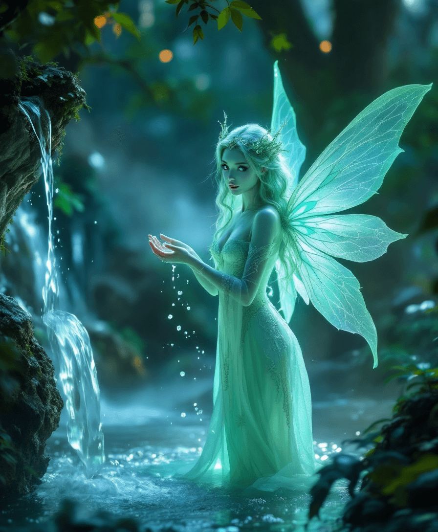 AI generated: A stunning fantasy image of an ethereal fairy princess she is (25-years-old) with glowing sapphire-b...