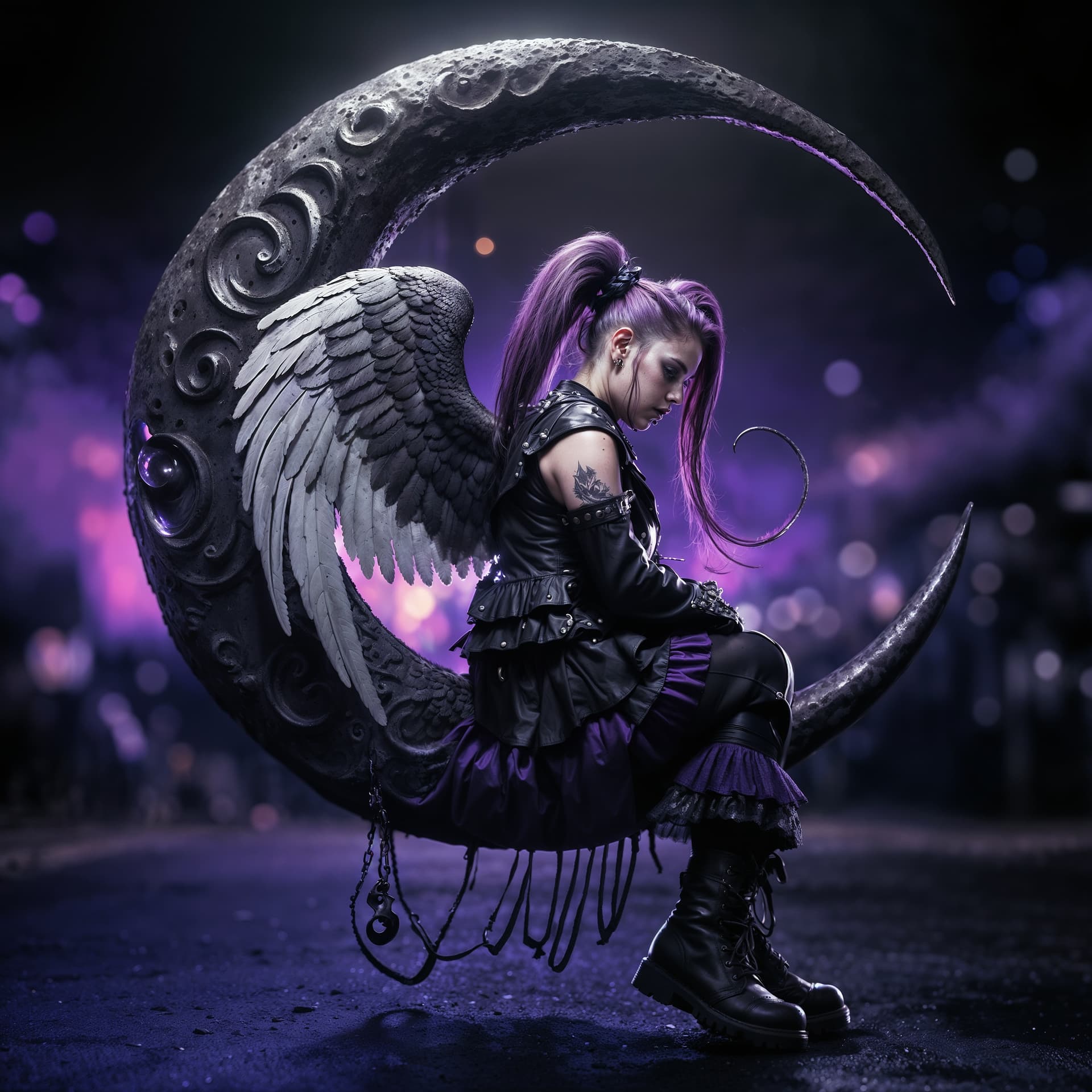 AI generated: Insanely Detailed, Photorealistic back shot of a beautiful punkangel sitting on a crescent moon, nig...