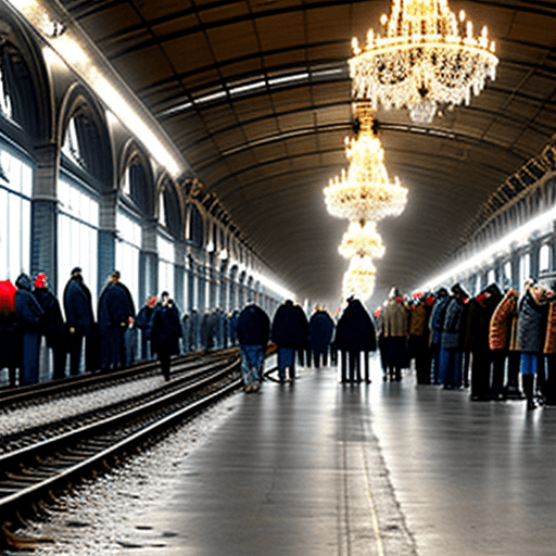 AI generated: People waiting beside empty tracks on a Russian platform with chandeliers 