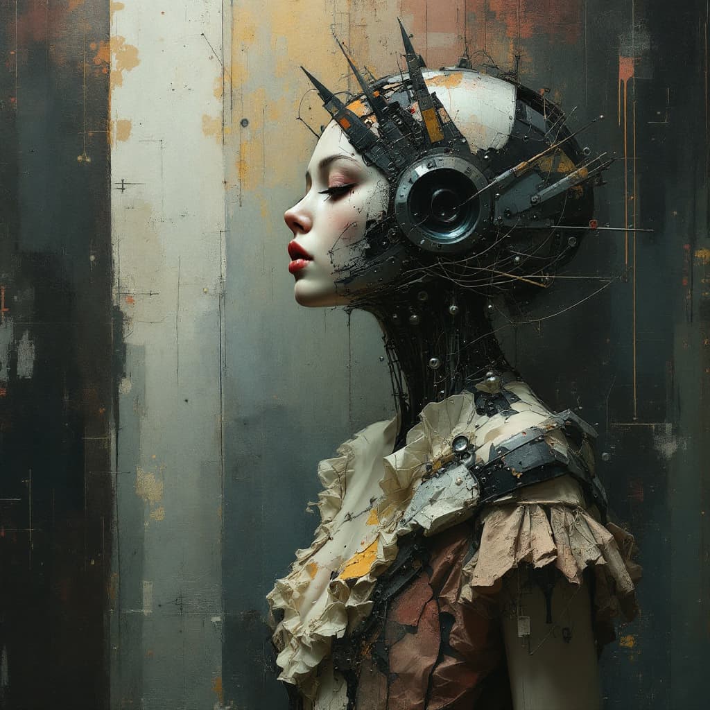 AI generated: Mixed media artwork + Emotional cyborg girl + Elegant dress + Skin lesions as a storytelling element...
