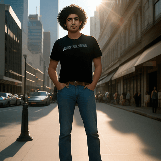AI generated: A photographer in the city, late afternoon, standing, ((full body)), mexican, latino, perfect hands,...