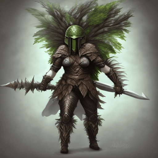AI generated: High quality digital art. Dryad warrior Fully armored with helmet that covers face. 