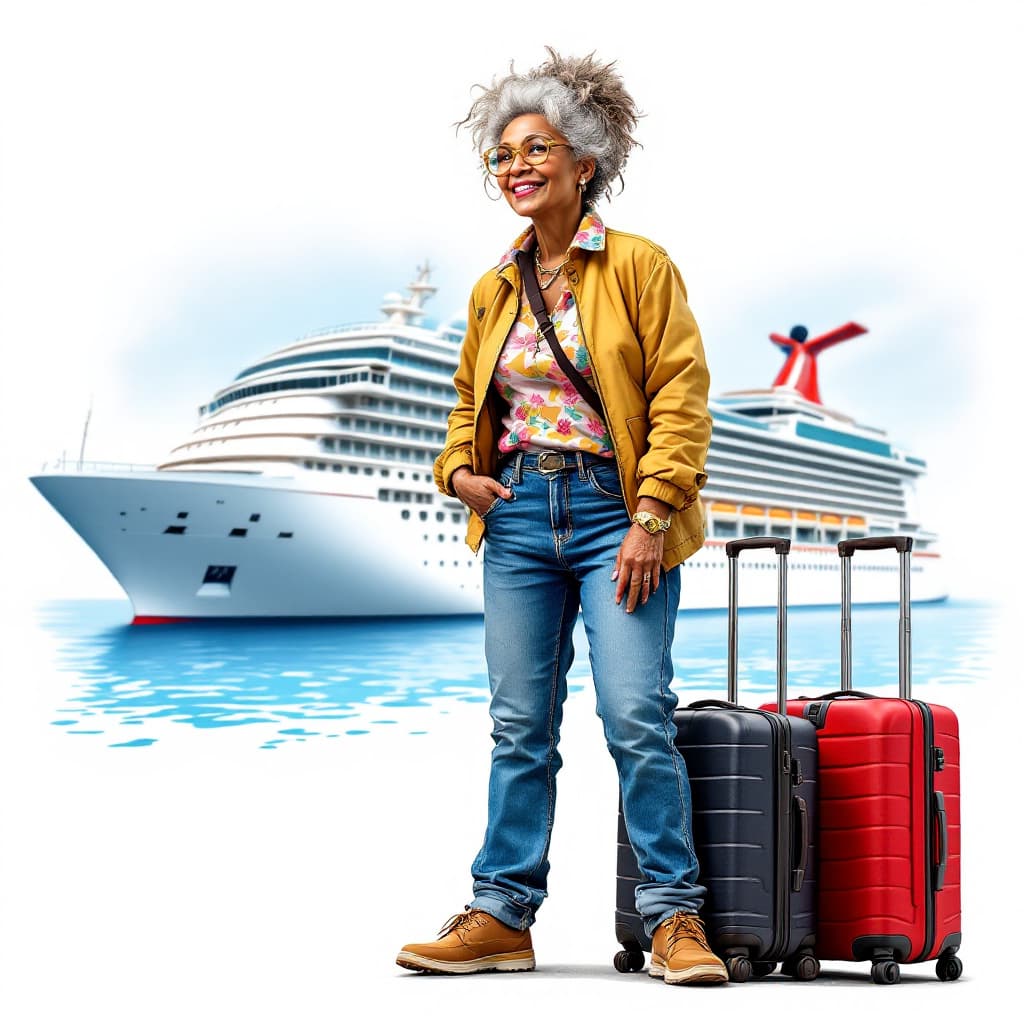 AI generated: A detailed, funny image of an older Afro-American lady with grey hair in a messy bun, wearing jeans ...