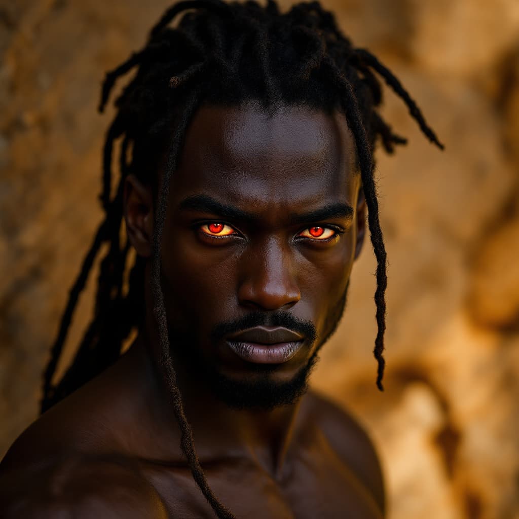 AI generated: “Face-frontal portrait of a charismatic man with dark skin, long dreadlocks tied back, glowing red e...