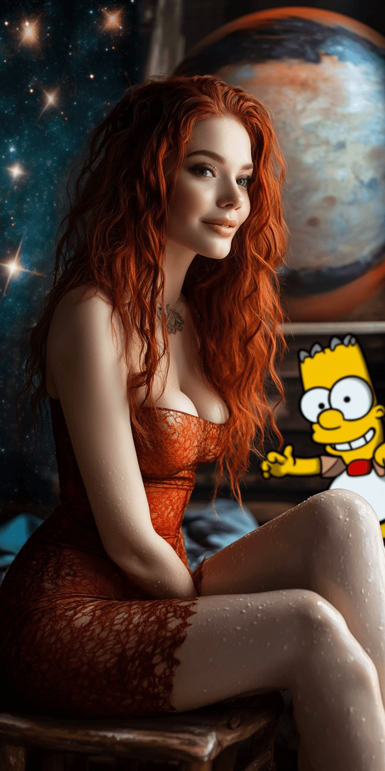 AI generated: Photo of a red-haired girl in the style of The Simpsons, sitting on her bed, wearing an orange dress...