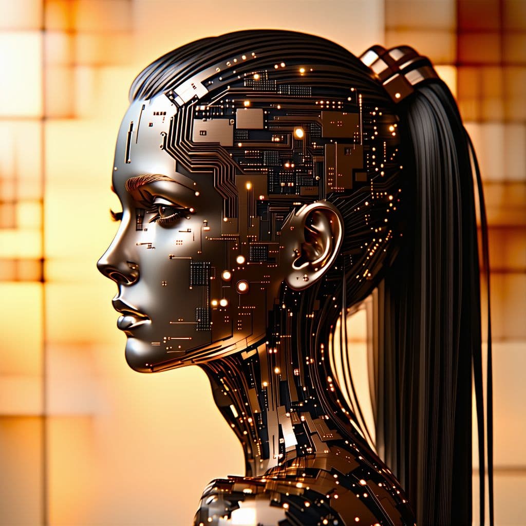 AI generated: A cameo of a beautiful woman made of copper circuits. Her hair, also made of circuitry, is straight ...