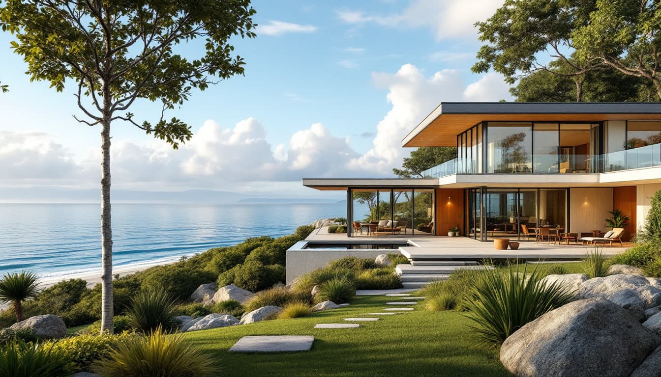 AI generated: Hyper realistic eye level exterior photo of a mid century modern style house overlooking the ocean, ...