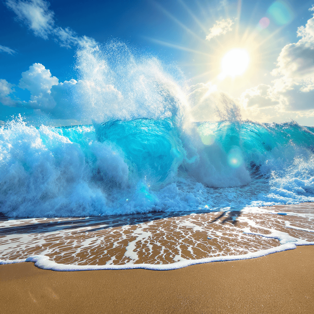 AI generated: UNA IMAGEN DEL MAR TUMULTUOSO CON GRANDES OLAS ,SOL DE FONDO COLORES BRILLANTES , FOTO PROFESIONAL D...