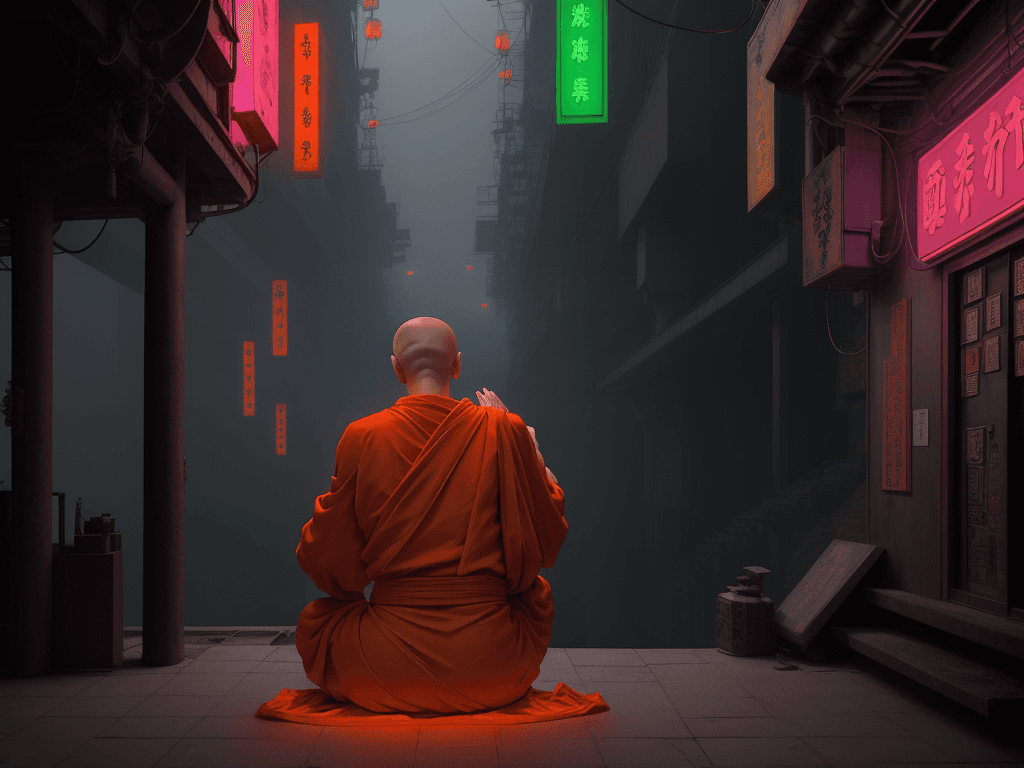 AI generated: wise old buddhist monk looking at a cyberpunk buddhist temple from afar, a cyberpunk buddhist monk s...