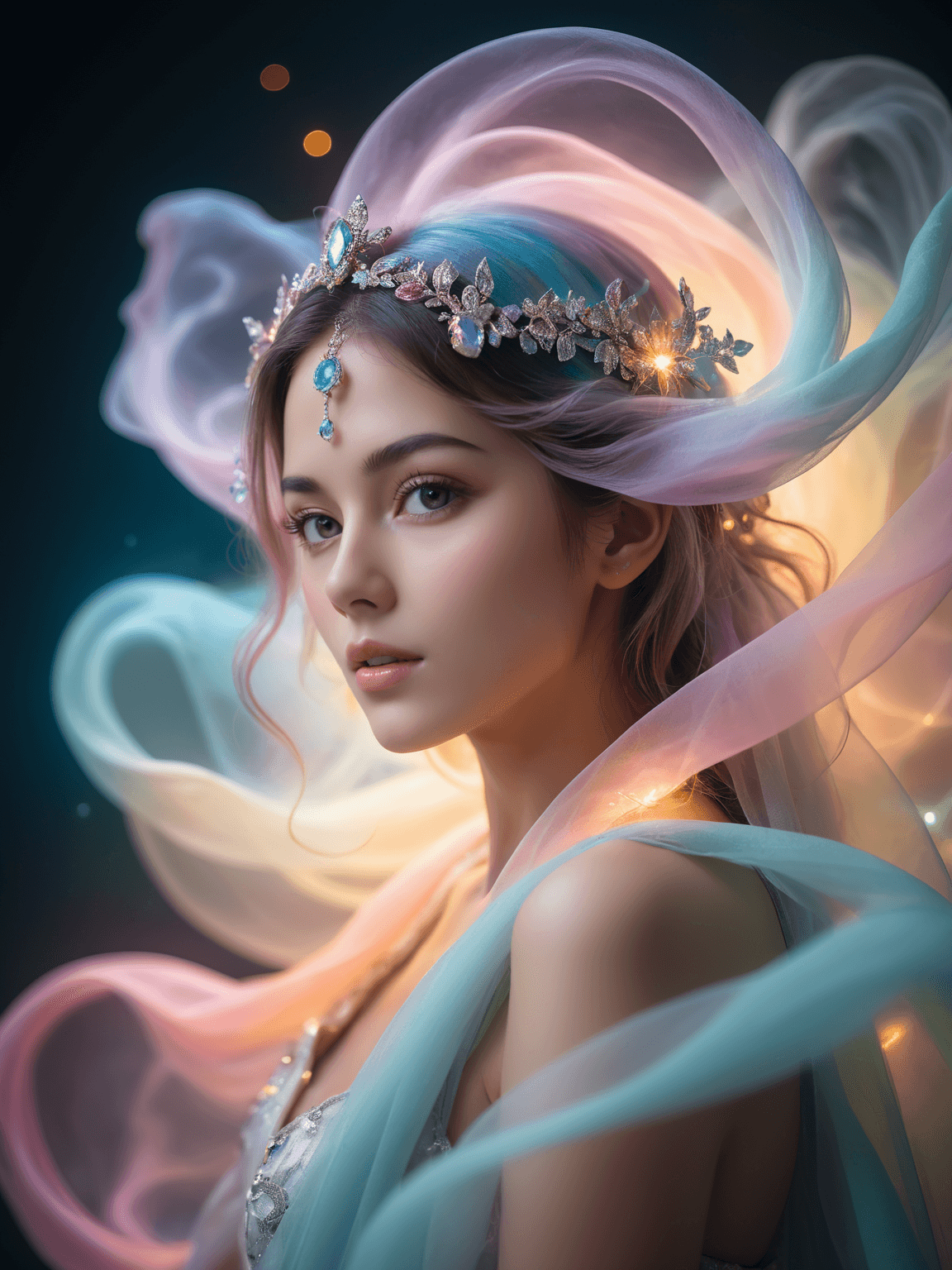 AI generated: Pastel colors, abstract styles, ethereal photo of mystical figures draped in twinkling lights in a d...