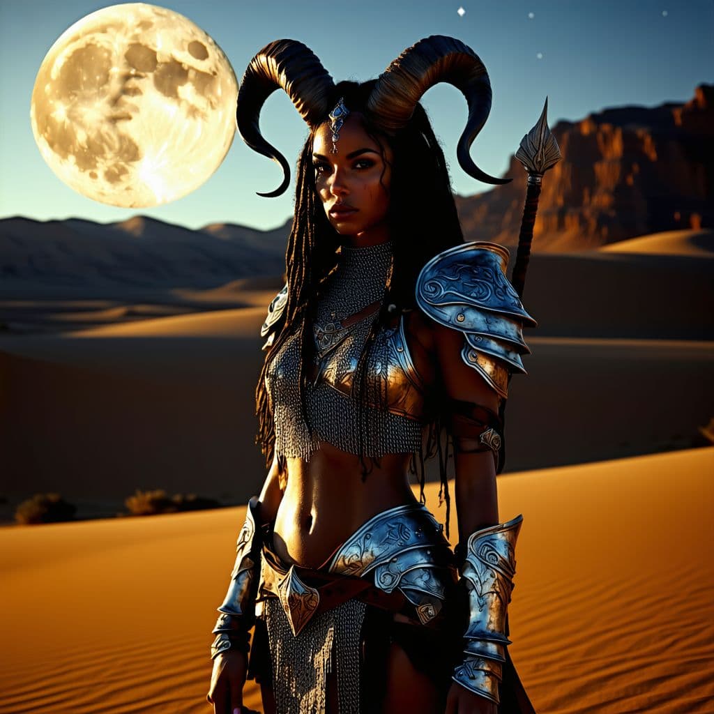 AI generated: A detailed and atmospheric illustration, full body shot of a young beautiful European female horned ...