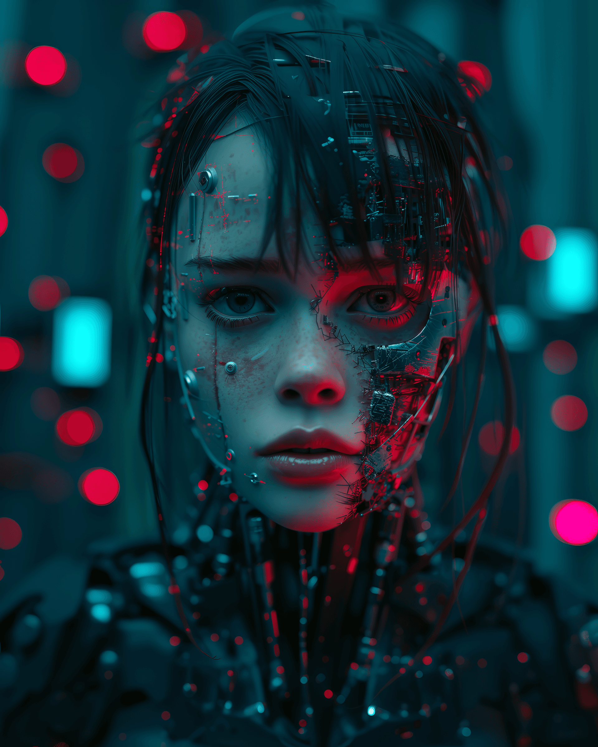 AI generated: Photo of a broken ruined cyborg girl in a landfill, robot, body is broken with scares and holes, hal...