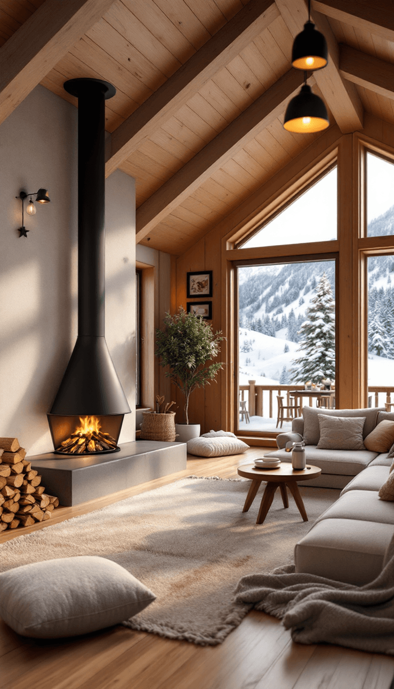AI generated: a cozy living room in a wooden chalet, big fireplace, stacked firewood, big window with views of ski...