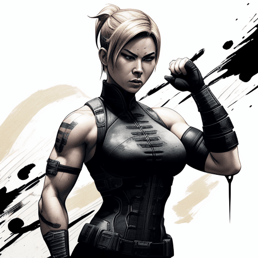 AI generated: 
Cassie Cage from Mortal Kombat, ink artistic conception, with typography elements, abstract, comple...