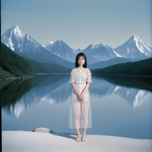 AI generated: a woman standing in front of a lake, in the style of illusory images, angura kei, mamiya 7 ii, lumin...