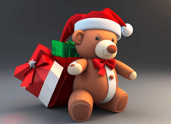 AI generated: 3d Cute Christmas teddy bear carrying a Santa Bag from front, back, and side angles
