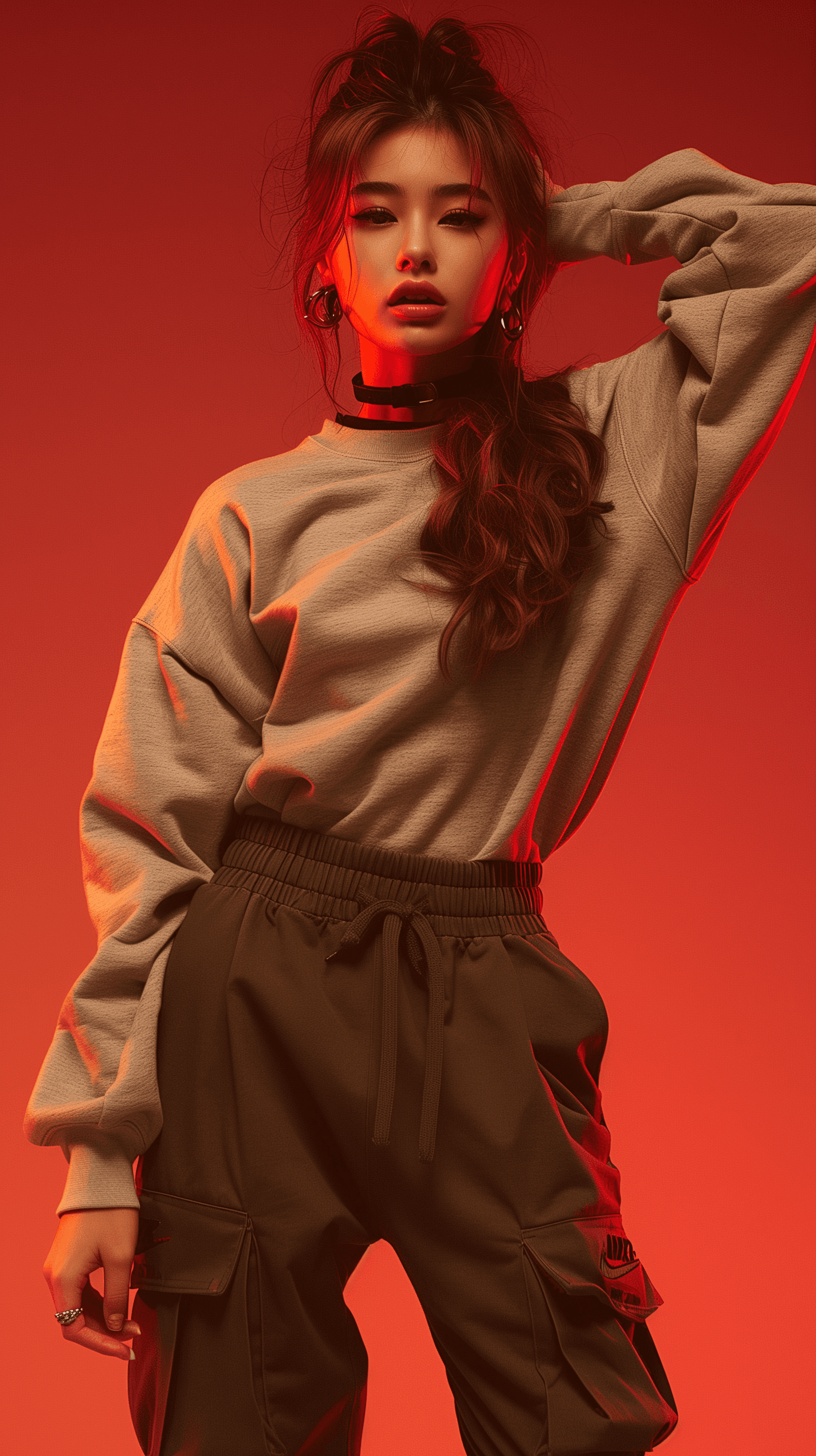 AI generated: fashion photograph of a model posing minimalist set, model is styled in a streetwear yet chic outfit...