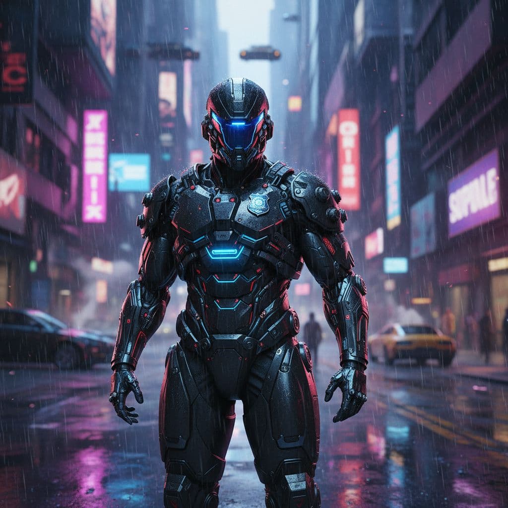 AI generated: Police sci-fi wearing cybernetic black armor in a cyberpunk city, modern exosuit, neon lights reflec...