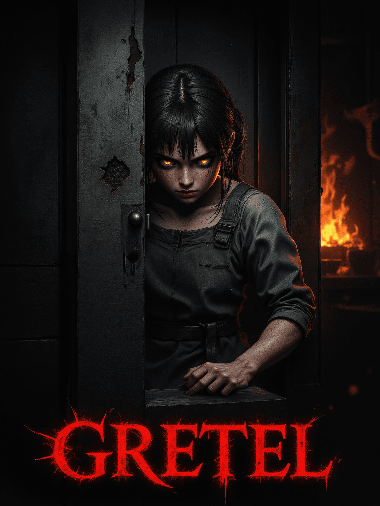 AI generated: A portrait picture of a fierce young girl (age 8) in a frayed apron gripping an iron oven door in a ...