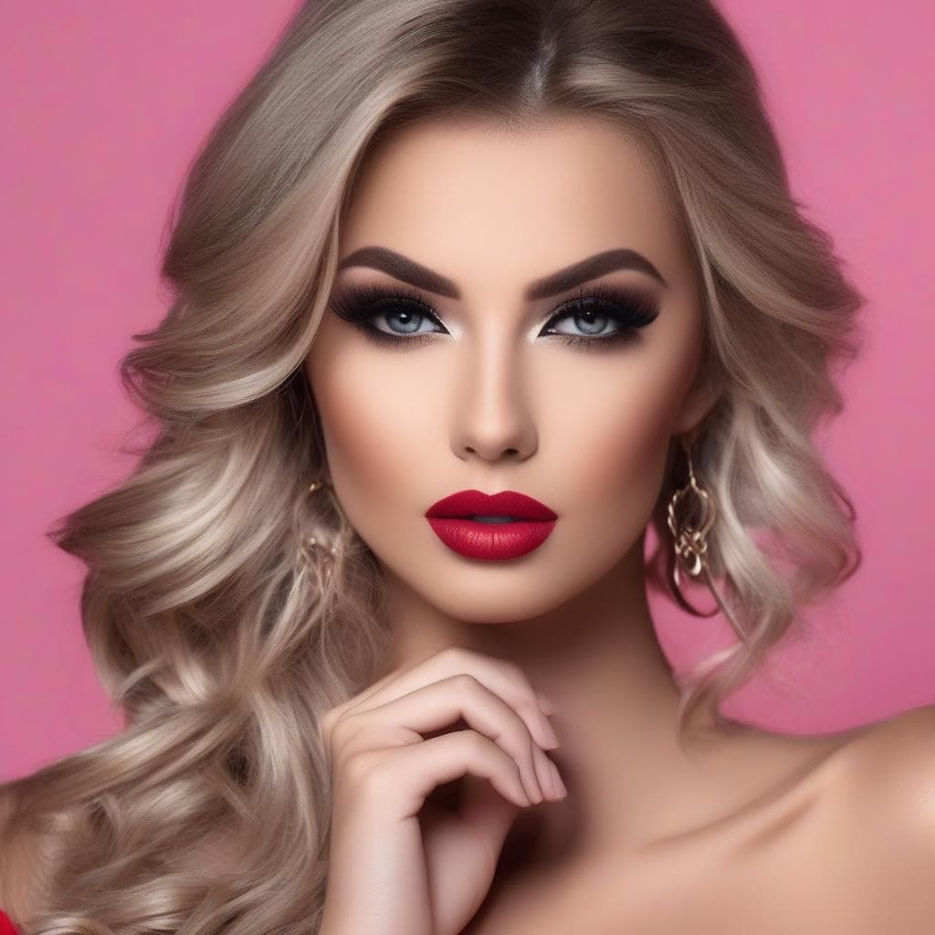 AI generated: The photo shows a close-up of a young woman with long, blonde hair. She has dramatic makeup with bri...