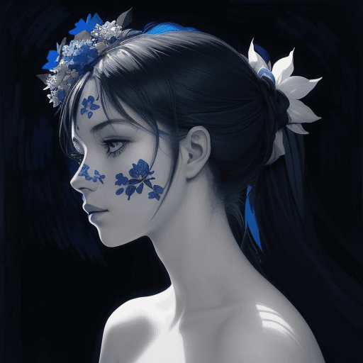 AI generated: a beautiful picture of a woman with blue flowers on her face, in the style of monochromatic painting...