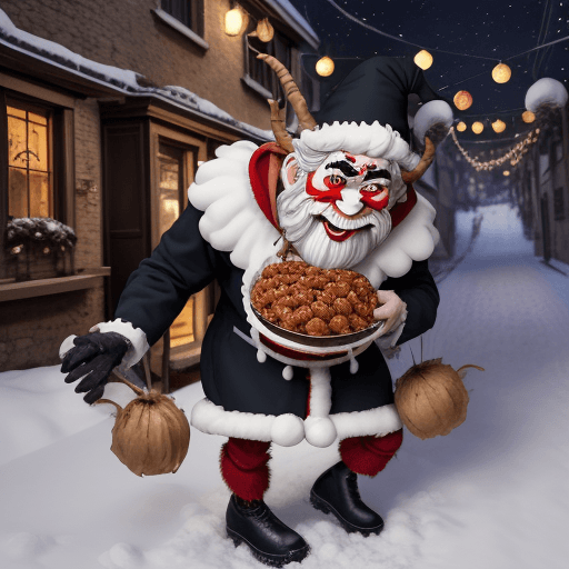 AI generated: krampus piegato,in un vicolo,che sta mangiando della carne cruda vicino ad una persona che sta dorme...