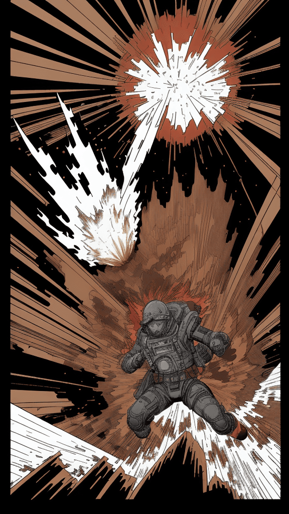 AI generated: a drawing of a explosion, in the style of adventure pulp, dark white and bronze, mottled, yup'ik art...