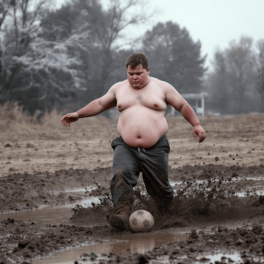 AI generated: A YOUNG ROUND BOY PLAYING FOOTBALL IN THE MUD ON A CHILLY MORNING, WEARING A SLEEVELESS SHIRT AND PA...