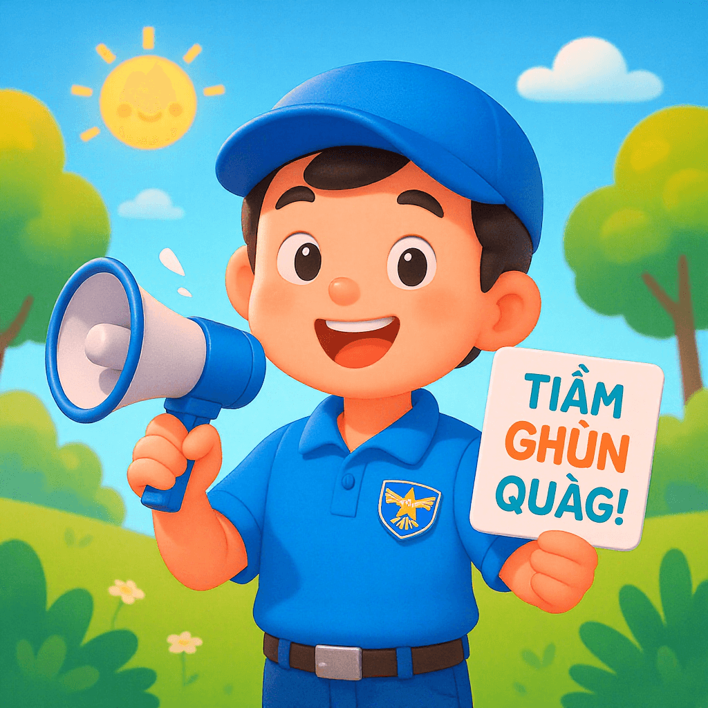 AI generated: Cute cartoon style, Vietnamese youth in blue volunteer uniform, holding megaphone, inviting others t...