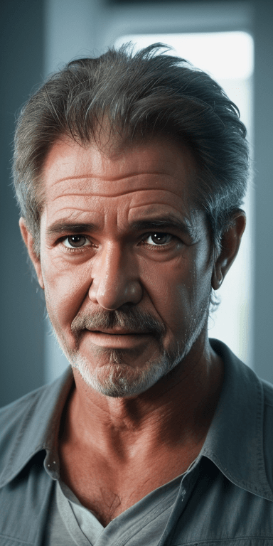 AI generated: young man mel gibson harrison ford hybrid face closeup face looking into camera in a, facing camera,...