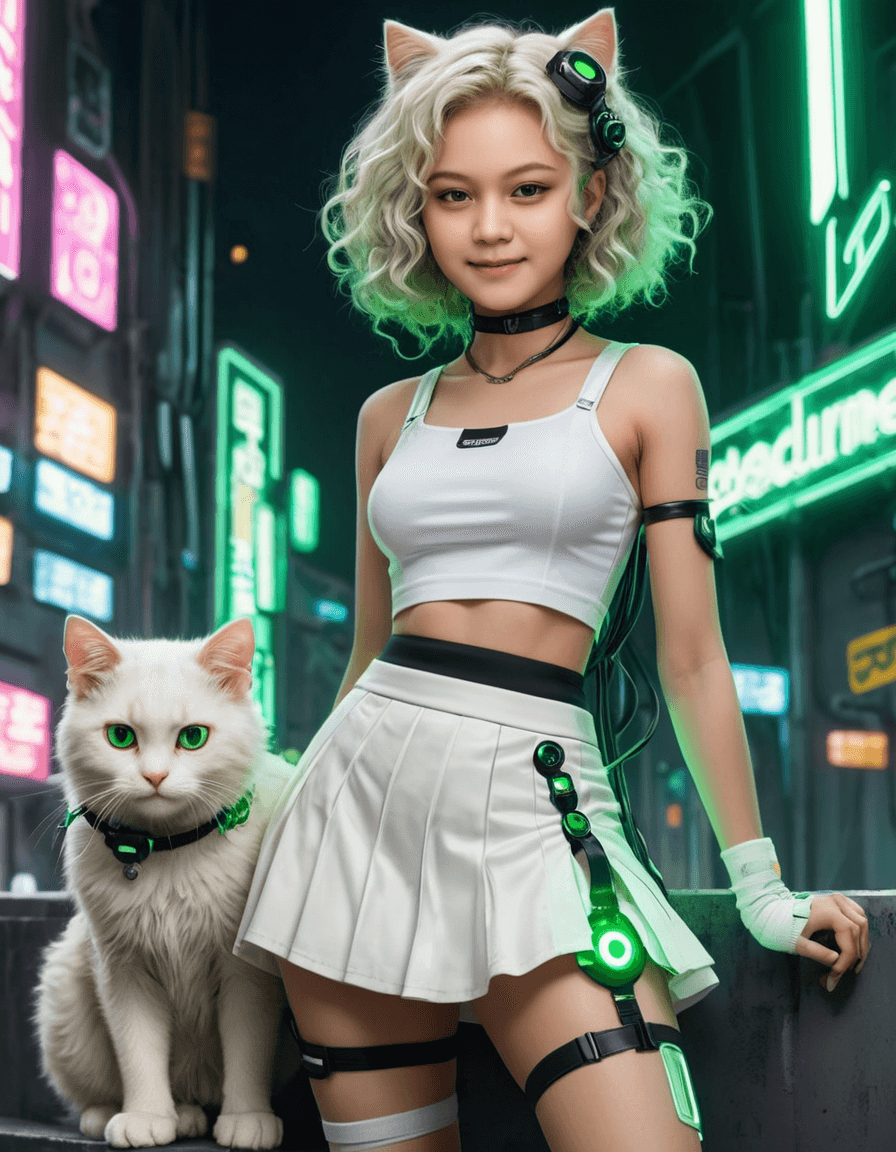 AI generated: Cyberpunk, mechanization, close-up, white skirt, sneakers, curly hair, light beige skin, big eyes, n...