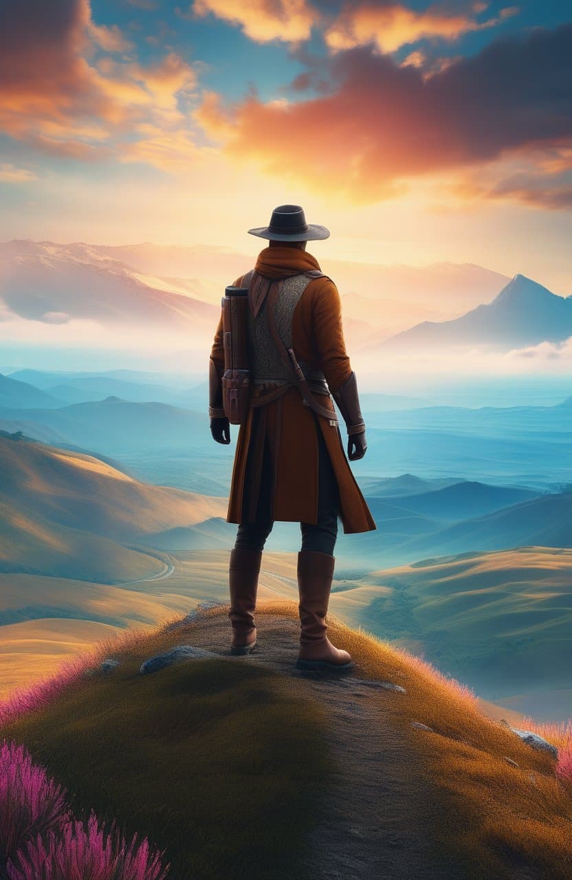 AI generated: poster of traveler| standing alone on hill| centered| detailed gorgeous face| key visual| intricate ...
